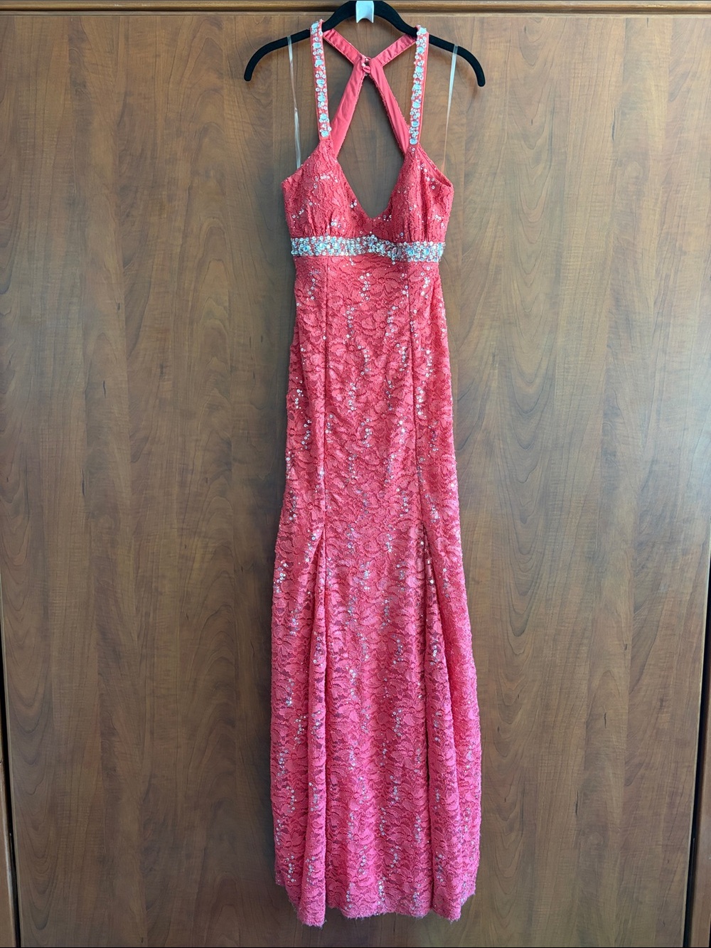 My Michelle Coral Sequin Halter Prom Dress with Rhinestone Waist
